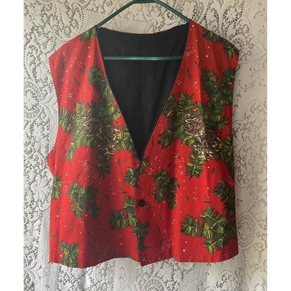 Red & Black Christmas Vest Reversible Pine Tree Snow Holiday Ugly Handmade - Picture 1 of 4